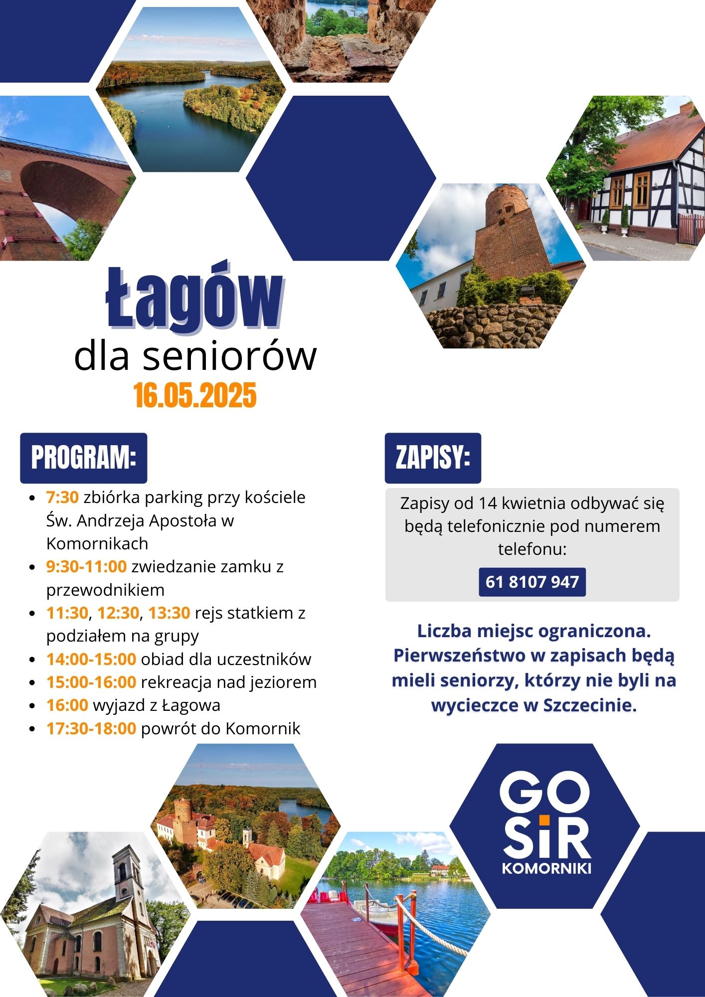Plakat promujący wycieczkę do Łagowa, ze zdjęciami obiektów w Łagowie