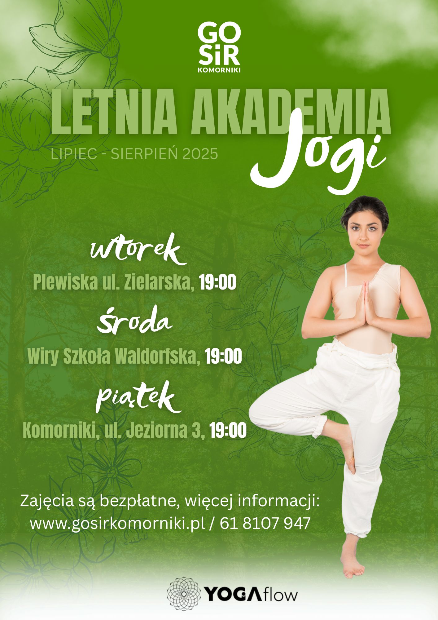 Plakat promujący Letnia akademie JOGI z terminami zajęć