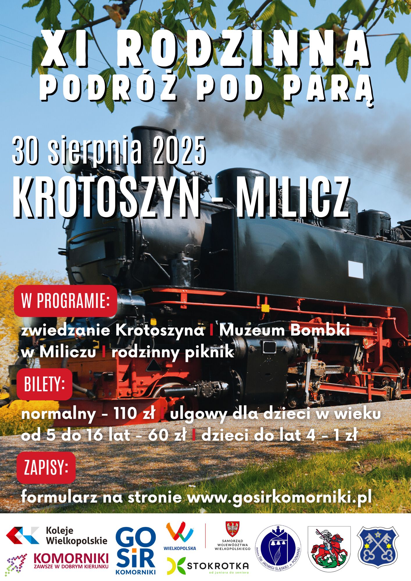 Plakat z  obrazem pociągu promujący Podróż pod parą