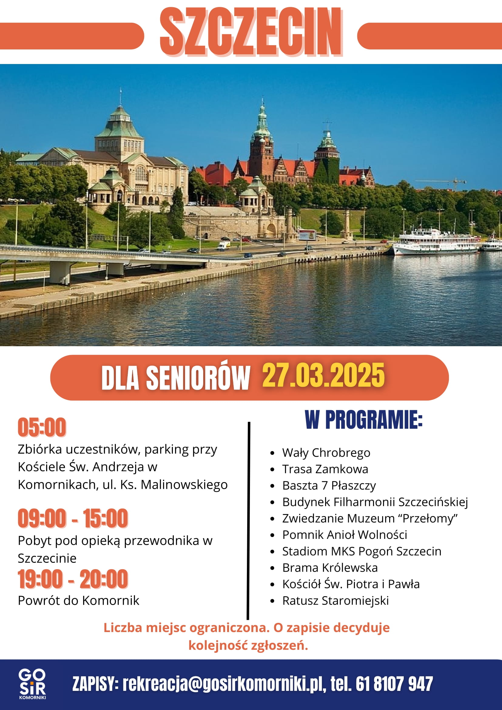 Plakat promujący wycieczkę dla seniorów do Szczecina