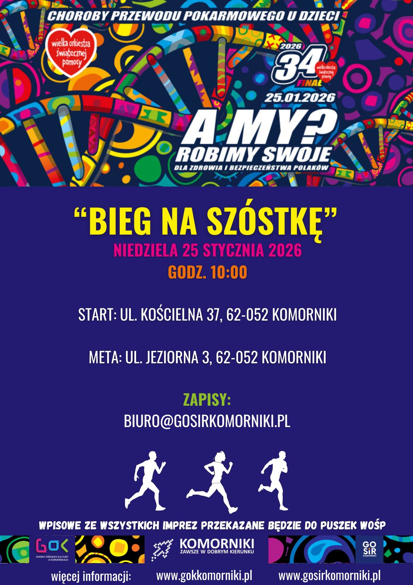 Plakat z&nbsp;logo WOŚP informujący o&nbsp;Biegu na&nbsp;6